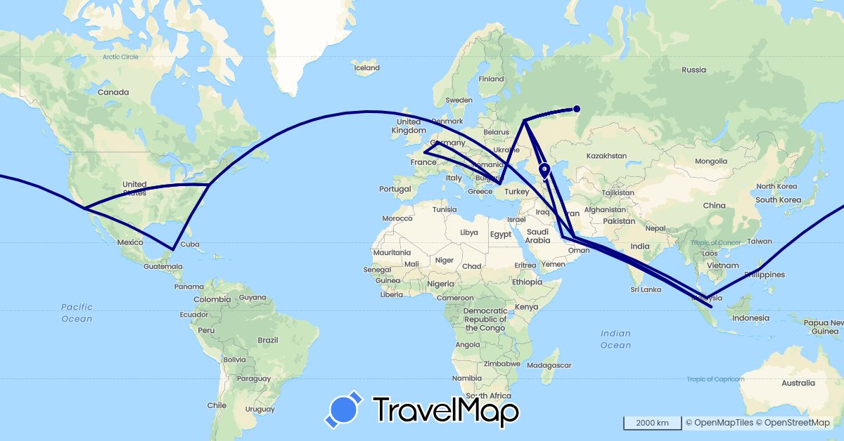 TravelMap itinerary: driving in United Arab Emirates, Germany, France, Georgia, Mexico, Malaysia, Philippines, Qatar, Russia, Singapore, Turkey, United States (Asia, Europe, North America)